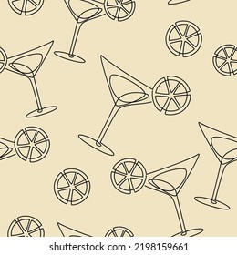 Contour Cocktail Glass Seamless Vector Pattern. One Line Continuous Hand Drawn Illustration Party Backdrop. Wallpaper, Fabric, Print, Wrapping Paper Or Package Design.