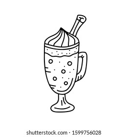 Contour cocktail icon. Tall glass milkshake with whipped cream and cinnamon. Hand drawn cartoon illustration. Isolated vector sign in doodle style on white background. Outline sweet drink