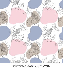 Contour cocoa or coffee branch with abstract shapes in pink and blue, seamless pattern.