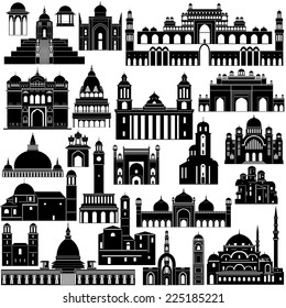 Contour collection of buildings and structures. The illustration on white background.