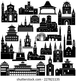 Contour collection of buildings and structures. The illustration on white background.