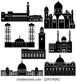 Contour collection of buildings and structures. The illustration on white background.