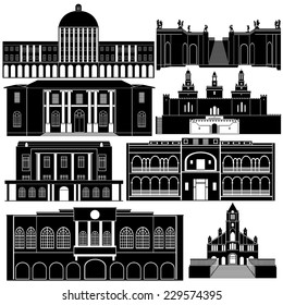 Contour collection of buildings and structures. The illustration on white background.