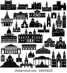 Coleção de contornos de edifícios e estruturas. A ilustração no fundo branco.