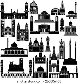 Contour collection of buildings and structures. Illustration on white background.