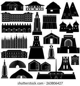 Contour collection of buildings and structures. Illustration on white background.