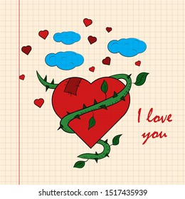 contour color childrens illustration heart braided vine I love you drawing on notebook checkered greeting card design for Valentines day vector EPS 10