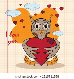 contour color childrens illustration little owl hugs heart I love you drawing on notebook checkered greeting card design for Valentines day vector EPS 10