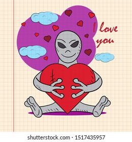 contour color childrens illustration little alien hugs heart I love you drawing on notebook checkered greeting card design for Valentines day vector EPS 10