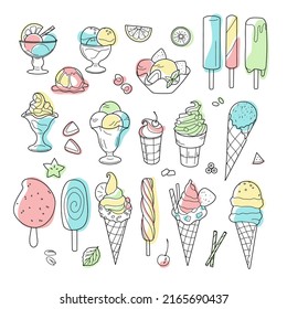 contour and color drawings, a set of ice cream ice cream in a waffle cup, in a cone, in a bowl, on a stick