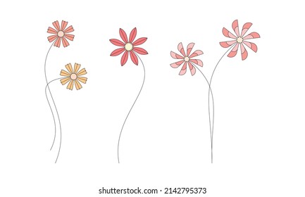 Contour color flores agrupan el vector ilustración simple aislado en blanco. Conjunto de elementos de diseño lineal floral para impresión, fondo, banner o tarjeta.