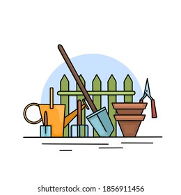 Contour color illustration of gardening tools. Watering can, shovel, rake, pots and fence. An active hobby in nature. Vector outline drawing for cards, logos, banners and your design.