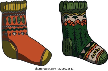A contour color image of Halloween socks with autumn elements. Vector image for packaging, textiles, chancery and scrapbooking