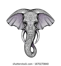 Contour color native elephant head with trunk, tusks and boho ornaments. Ganesha head with decoration. Vector drawing for cards, banners and your creativity.