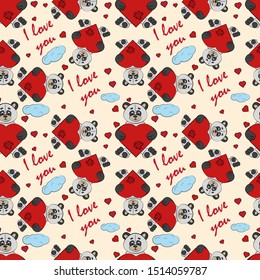 contour color seamless childrens illustration little Panda hugs heart I love you drawing on notebook checkered greeting card design for Valentines day vector EPS 10