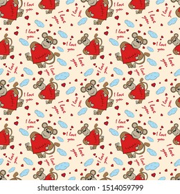 contour color seamless childrens illustration little monkey hugs heart I love you checkered greeting card design for Valentines day vector EPS 10