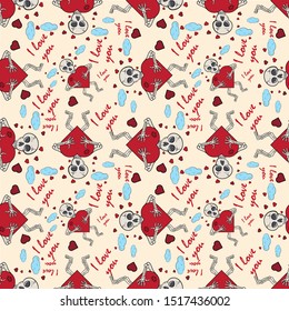 contour color seamless childrens illustration little skeleton hugs heart I love you checkered greeting card design for Valentines day vector EPS 10