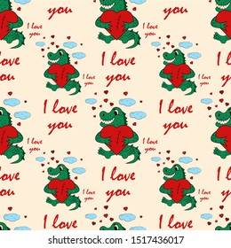 contour color seamless childrens illustration little crocodile hugs heart I love you checkered greeting card design for Valentines day vector EPS 10