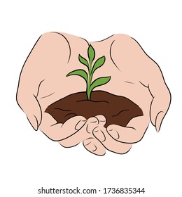 Contour color sketch of female hands holding a sprout with the ground. World Environment Day. Protection and preservation of nature by man. Vector outline drawing for card, banner and your creativity