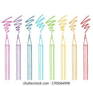Contour colored pencils with hatch strokes set hand drawn vector doodle illustration. Crayons collection isolated over white background.