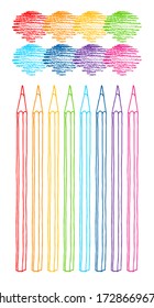 Contour colored pencils with hatch strokes set hand drawn vector doodle illustration. Crayons collection isolated over white background.