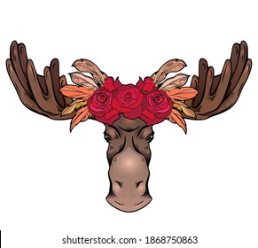 Contour colorful illustration of a moose head with antlers and rose wreath front view. Wild mammal. Vector color outline silhouette for logos, icons, postcards and your designs.