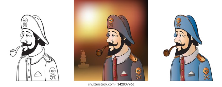 Contour and Colorful Sea Captain with Beard and Pipe. Hand Drawing Vector Illustration.