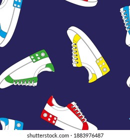 Contour colorful sport shoes, fashionable creative sneackers with studs and buckles. seamless pattern vector illustration.