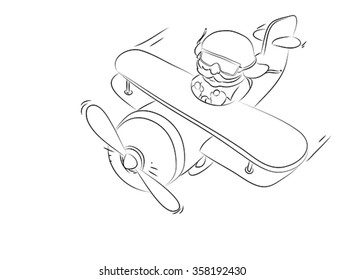 contour for coloring of pilot flying by plane in the sky. Illustration, vector