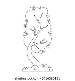 Contorno, coloreado de árboles primaverales con hierba florida. Gráficos vectoriales.