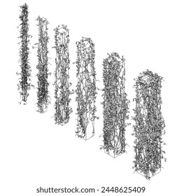 Contour of columns entwined with plants with leaves made of black lines isolated on a white background. 3D. Vector illustration. A set of columns of different sizes. Isometric view.