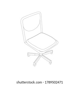 Contour of a computer chair from black lines on a white background. Isometric view. Vector illustration