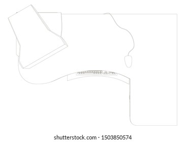 The contour of a computer desk with a large monitor keyboard and system unit. View from above. Vector illustration.