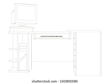 The contour of a computer desk with a large monitor keyboard and system unit. Front view. Vector illustration.