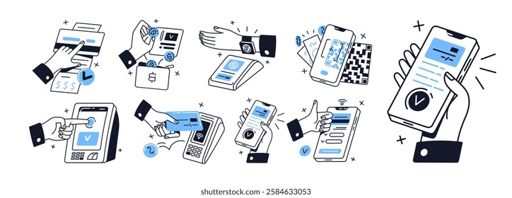 Contour concept set of contactless cashless payment technology. Hands pay by pos machine by credit card, mobile phone, watches. NFC tech. Flat isolated outline vector illustrations on white background