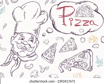 contour cover background illustration, on the theme of Italian pizza cuisine, for decoration and design sticker of ingredients vector EPS 10