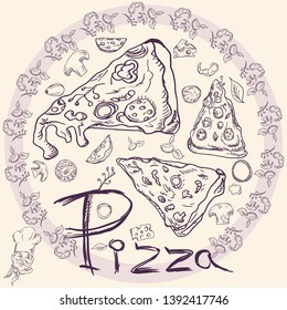 contour cover background illustration, on the theme of Italian pizza cuisine, for decoration and design sticker of ingredients vector EPS 10