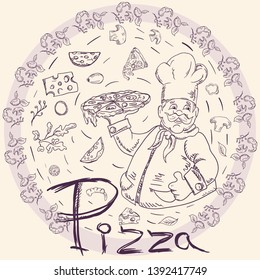 contour cover background illustration, on the theme of Italian pizza cuisine, for decoration and design sticker of ingredients vector EPS 10
