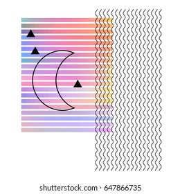 The contour of a crescent moon on a background of abstract lines and gradient stripes. Magical trend print for universal use. Vector illustration EPS 8