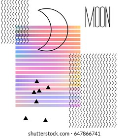 The contour of a crescent moon on a background of abstract lines and gradient stripes. Magical trend print for universal use. Vector illustration EPS 8