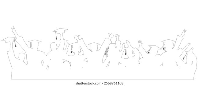 Contour of crowd of graduate students in square academic caps. Cheerful people. Graduation ceremony. Vector  illustration.