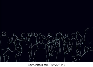 Contour of a crowd of people from blue lines on a dark background. Background with people. Back view. Vector illustration