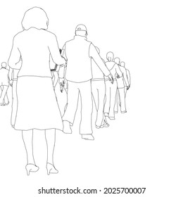 Contour of a crowd of people standing in a row of black lines isolated on a white background. Queue of people. Vector illustration