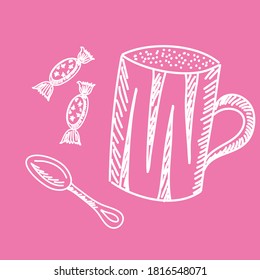 A contour Cup of tea or coffee with a spoon and sweets is isolated on a colored background. Vector illustration in a simple linear style. For decorating projects and cards.