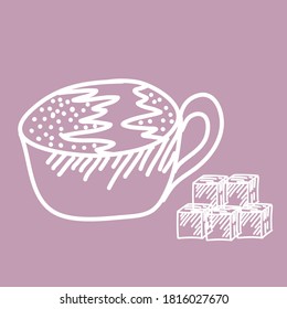 A contour Cup of tea or coffee with sugar cubes is isolated on a colored background. Vector illustration in a simple linear style. For decorating projects.