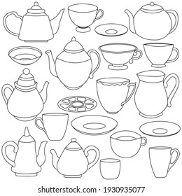 Contour cups, teapots on a white background. Vector illustration