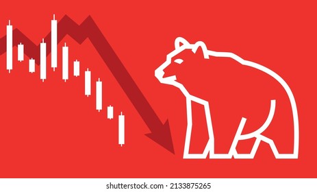 Contour curves silhouette of a bear symbol of stock trading. Downward movement. White bar on red background