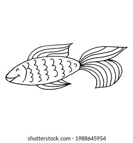 Contour. Cute fish. Marine theme icon in hand draw style. Icon, badge, sticker, print for clothes