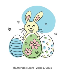 Contour of cute funny easter bunny with eggs. Vector outline hand drawn doodle illustration, clip art. Holidays characters and backgrounds