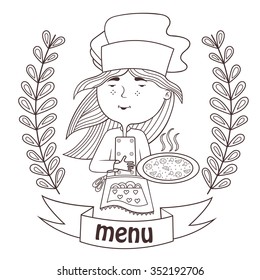 contour cute girl cook with pizza chef.menu. logo. vector.